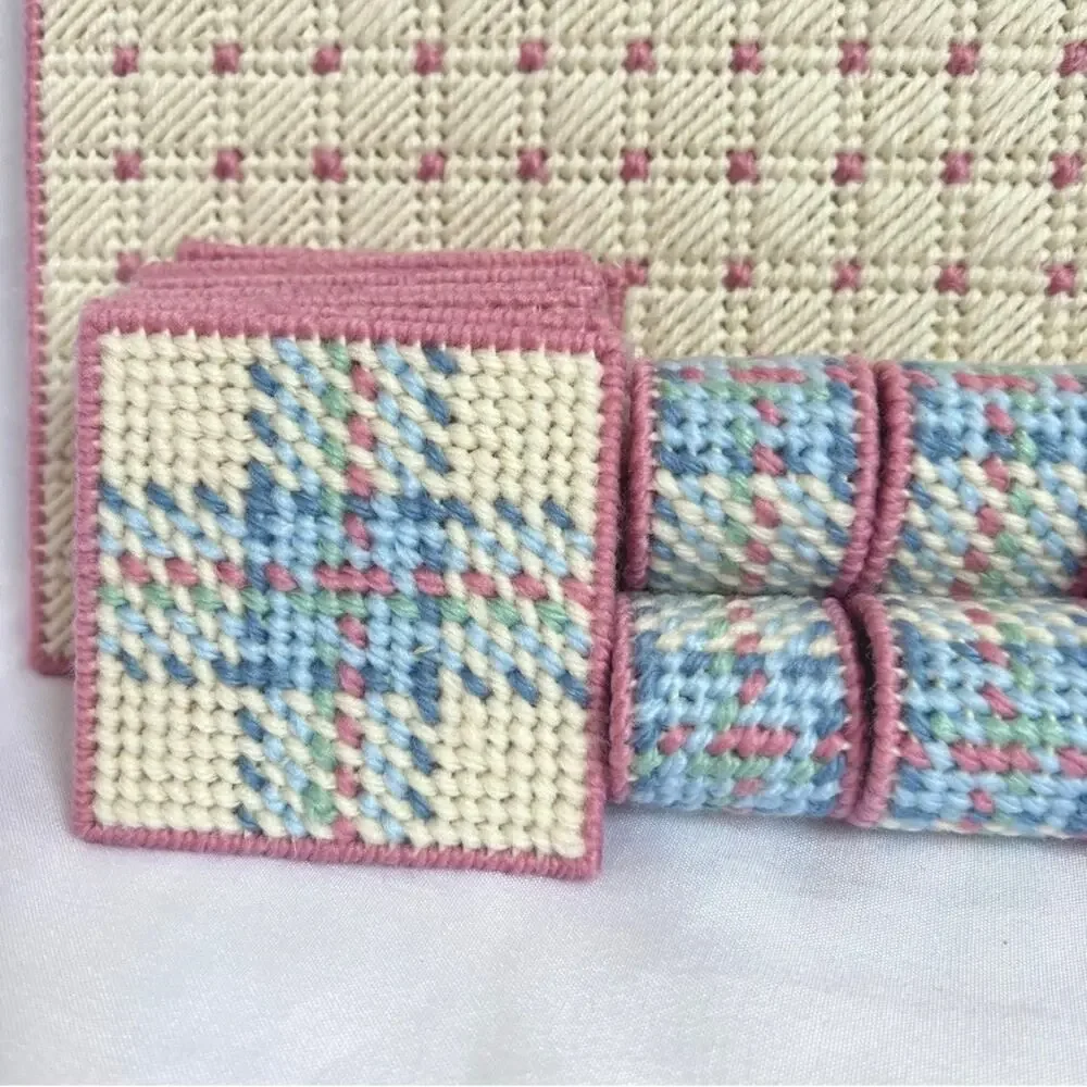 NEEDLEPOINT Vintage 26pc Placemats Coasters & Napkin Rings Set Table Setting